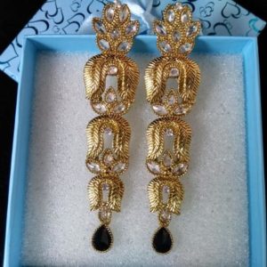 IndiHaute, Golden and black earrings , Long black earrings , black earrings with stones , kundan black earrings, black earrings for haldi , black earrings for wedding , black earrings in gurugram 