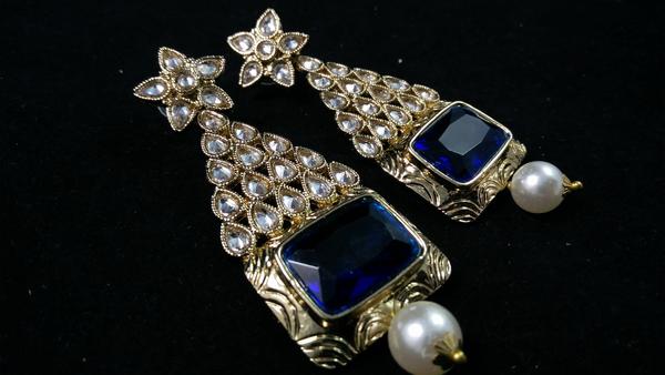 IndiHaute, white kundan royal blue earrings online , white kundan royal blue earrings price , white kundan royal blue earrings for  womens , white kundan royal blue earrings for wedding ,  