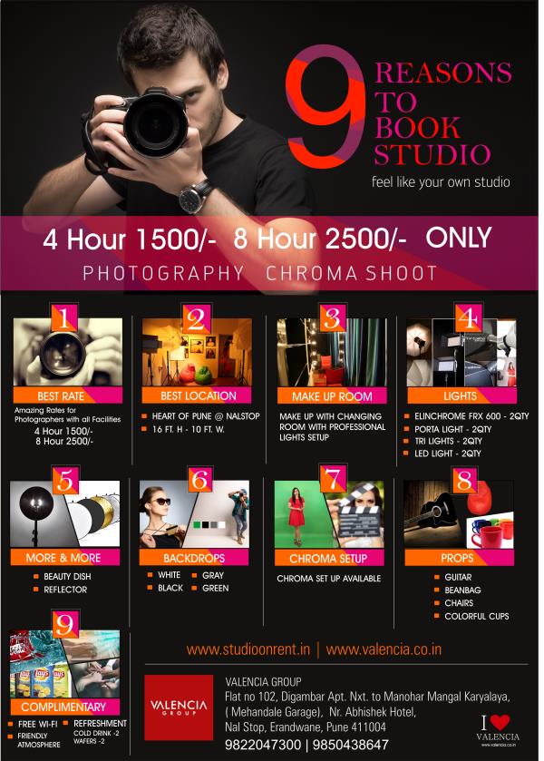 VALENCIA GROUP, Studio On Rent In Pune, Katraj, Shivaji Nagar, Aundh ROad, Baner Road, Studio On Rent In Chinchwad, Swargate, Photo Studio On Rent In Hadapsar, Pune,