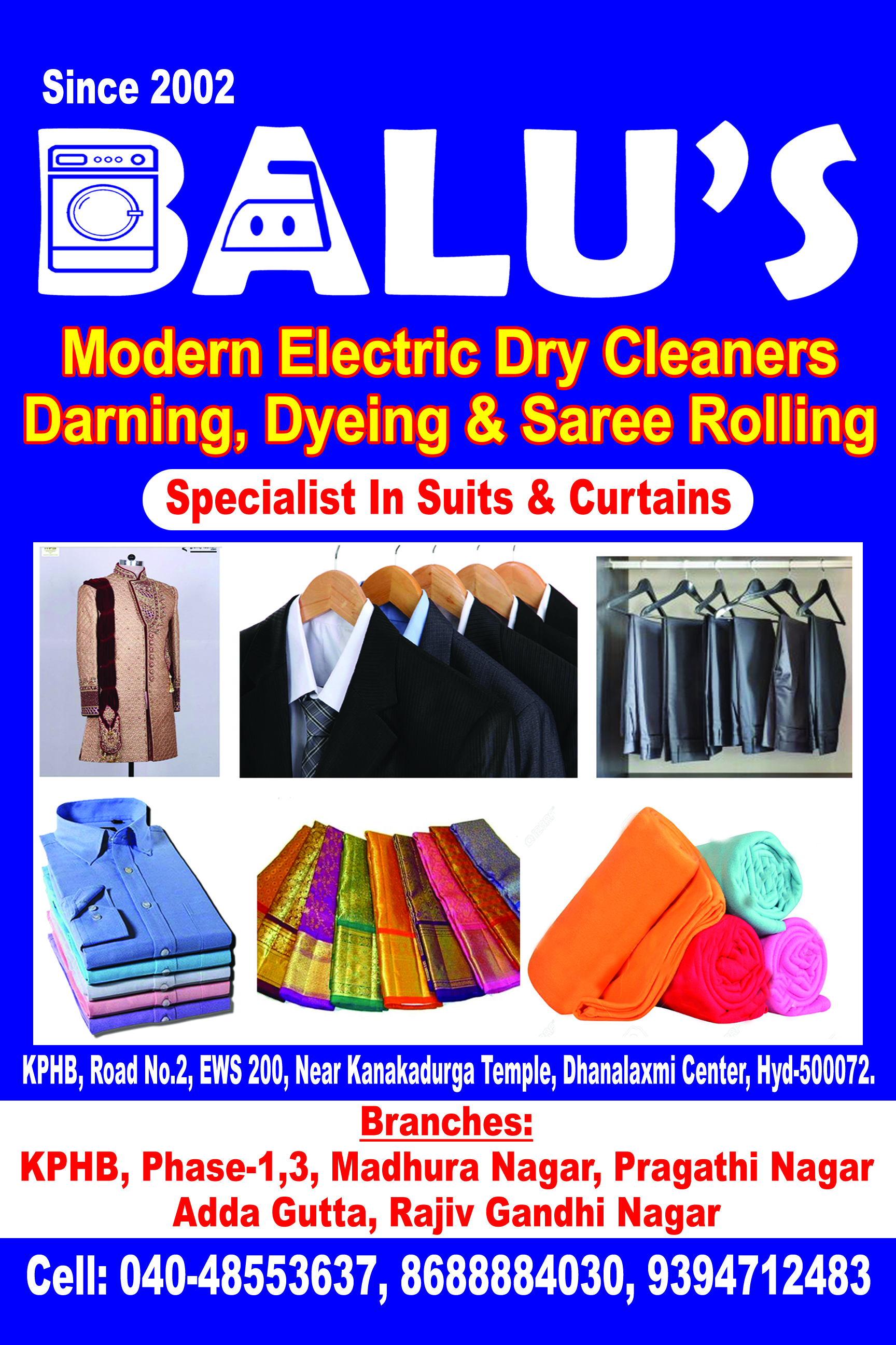 Balu's Modern Dry Cleaners, Dry Cleaning services in Bachipalli,Dry Cleaning services in Nizampet,Dry Cleaning services in Kphb.
